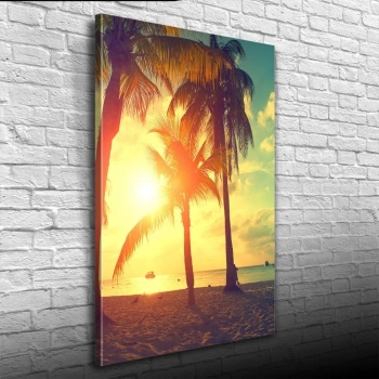 Kumsalda  Palmiyeler  & Günbatımı Kanvas Tablo 50 x 70