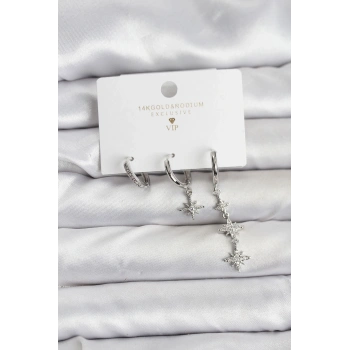 Kutup Yıldızı Model Gümüş Renk Pirinç 3lü Kadın Küpe Seti