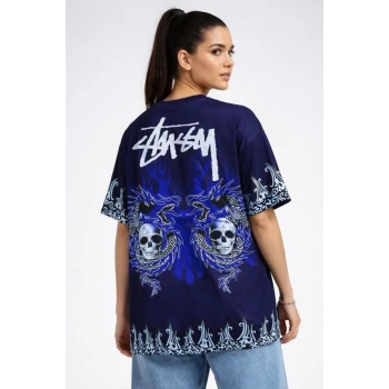 Lacivert Oversize Tişört Dragon - Kuru Kafa Baskılı Bisiklet Yaka T-Shirt - Lacivert