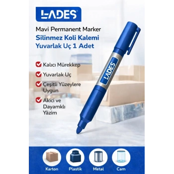 Lades Mavi Permanent Marker Silinmez Koli Kalemi Yuvarlak Uç 1 Adet