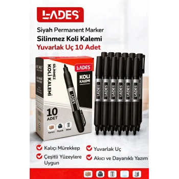 Lades Siyah Permanent Marker Silinmez Koli Kalemi Yuvarlak Uç 10 Adet