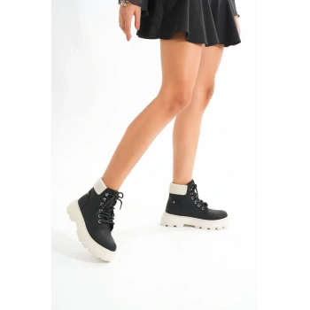 LMÇ-2045 Siyah-Bej Taban Bağcıklı Kalın Taban Kadın Günlük Bot