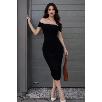 Madonna Yaka Drapeli Midi Elbise Likralı Vücuda Oturan Davet Elbisesi - Siyah