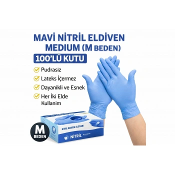 Mavi Nitril Eldiven Medium M Beden Pudrasız 100’lü 1 Kutu Tek Kullanımlık Muayene Eldiveni Lateksiz Koruyucu Eldiven