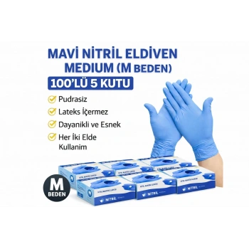 Mavi Nitril Eldiven Medium M Beden Pudrasız 100’lü 5 Kutu Tek Kullanımlık Muayene Eldiveni Lateksiz Koruyucu Eldiven Seti