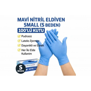 Mavi Nitril Eldiven Small S Beden Pudrasız 100’lü 1 Kutu Tek Kullanımlık Muayene Eldiveni Lateksiz Koruyucu Eldiven