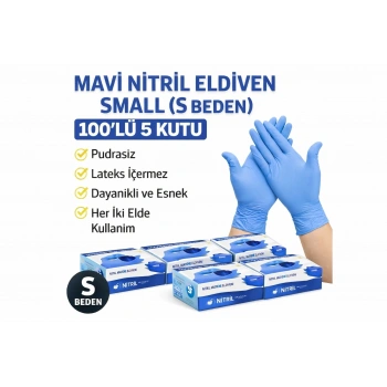Mavi Nitril Eldiven Small S Beden Pudrasız 100’lü 5 Kutu Tek Kullanımlık Muayene Eldiveni Lateksiz Koruyucu Eldiven Seti