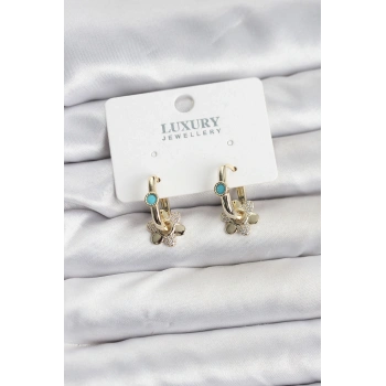 Mavi Taş Detaylı Pirinç Gold Renk Kadın Göçmen Küpesi