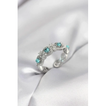 Mavi Taşlı Gümüş Renk Vintage Kadın Yüzük