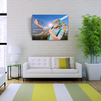 Mavi Tonlarda Dinazor Başlı Adam Resmi Kanvas Tablo 50 x 70