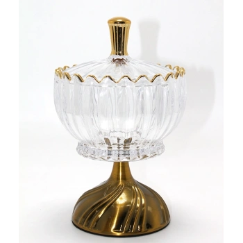 Metal Ayaklı Kristal Cam Şekerlik Gold Detaylı Sunumluk