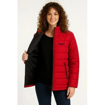 Mikro Su İtici Kapitone Baskılı Astarlı Fermuarlı Bomber Mont - Kırmızı