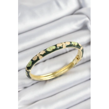 Mineli Pirinç Krem Ve Yeşil Çiçek Motifli Gold Renk Kadın Kelepçe