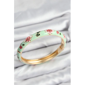 Mineli Pirinç Su Yeşili Çiçek Motifli Gold Kadın Kelepçe