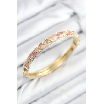 Mineli Pirinç Zirkon Taşlı Pembe Çiçek Motifli Gold Kadın Kelepçe