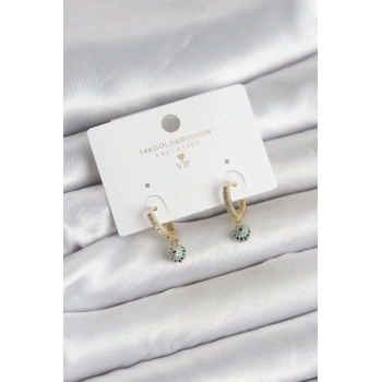 Minimal Nazarlı Model Gold Renk Zirkon Taşlı Kadın Küpe