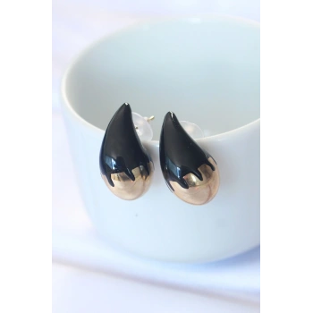 Minimal Siyah Mineli Çift Renk Damla Küpe