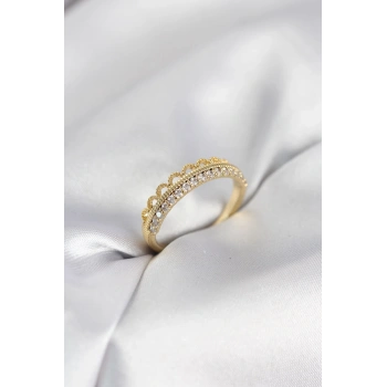 Motif Desenli Gold Renk Zirkon Taşlı Kadın Yüzük