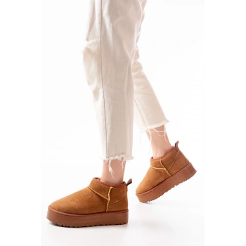 NDR-2850 Taba Süet İçi Kürklü Kışlık Kapalı Burun Kadın Günlük Terlik