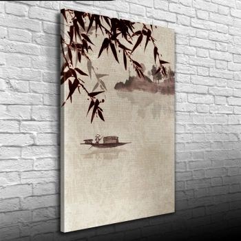 Nehirdeki Çinli Kayıkçı Suluboya Kanvas Tablo 50 x 70