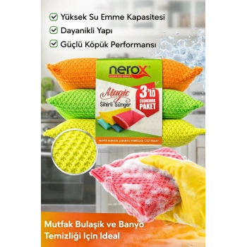 Nerox Magic Sihirli Sünger 3lü 1 Paket Çok Amaçlı Temizlik Süngeri Bulaşık Mutfak Banyo Temizlik Süngeri