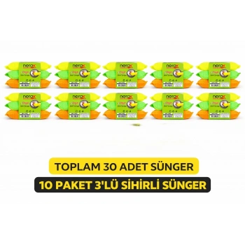 Nerox Magic Sihirli Sünger 3lü 10 Paket Toplam 30 Adet Çok Amaçlı Temizlik Süngeri Mutfak Bulaşık Banyo Temizlik Süngeri
