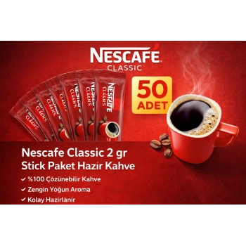 Nescafe Classic 2 gr 50 Adet Stick Paket Hazır Kahve %100 Çözünebilir Zengin Yoğun Aroma