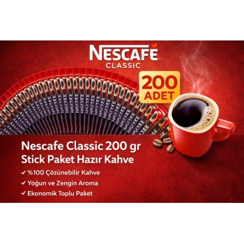 Nescafe Classic 2 gr Stick Hazır Kahve 200 Adet %100 Çözünebilir Yoğun Aromalı Ekonomik Paket