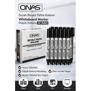 Onas Siyah Beyaz Tahta Kalemi Whiteboard Marker Düşük Kokulu 12 Adet Kutu
