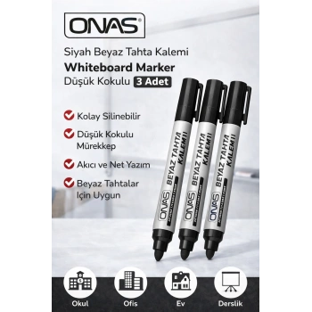 Onas Siyah Beyaz Tahta Kalemi Whiteboard Marker Düşük Kokulu 3 Adet