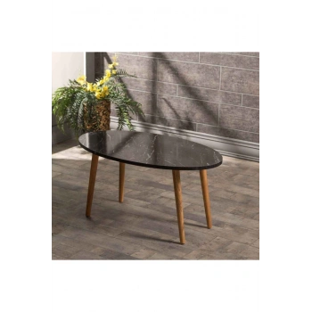 Orta Sehpa Ahşap Torna Elips Siyah Mermer Desen