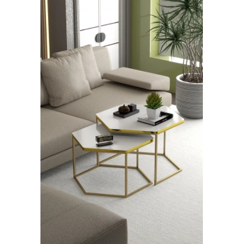 Orta Sehpa Altıgen İkili Lüx Gold Beyaz