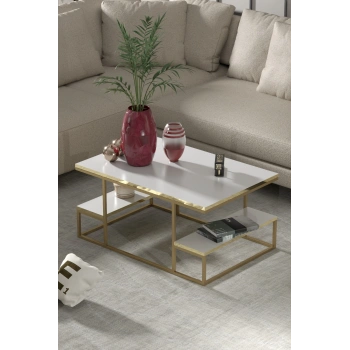 Orta Sehpa Delux Raflı Gold Beyaz