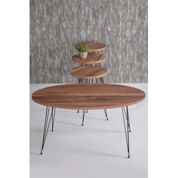 Orta Sehpa Ve Zigon Sehpa Ceviz Set Tel Ayak Elips