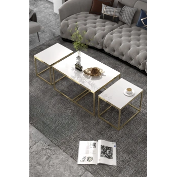 Orta Sehpa Ve Zigon Yan Sehpa Flora Set Gold Beyaz