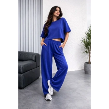 Osy Modal Yumuşak Dokulu Şalaş Oversize İkili Takım Bol Paça Pantolonlu Rahat Günlük Takım - Saks Mavisi