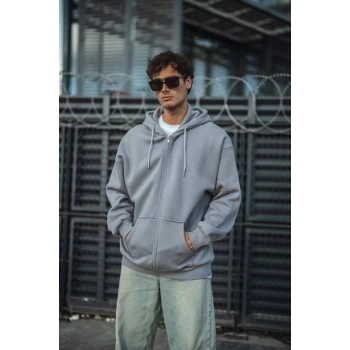 Oversize Tam Fermuarlı Uzun Kol Hırka - Gri