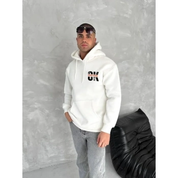 Oversize Üç İplik Kapüşonlu SweatShirt - Beyaz