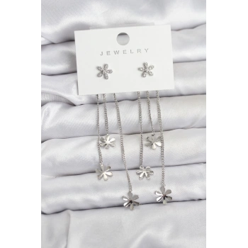 Papatya Model Gümüş Renk Pirinç Sallantılı Kadın Küpe