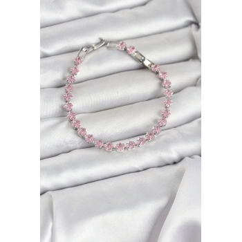 Pembe Kare Zirkon Taşlı Gümüş Renk Pirinç Su Yolu Kadın Bileklik