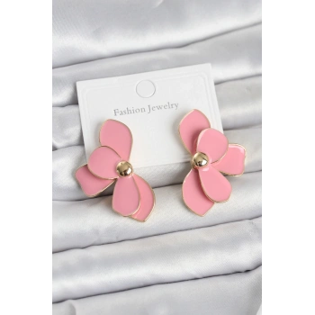 Pembe Mineli Lotus Model Pirinç Kadın Küpe