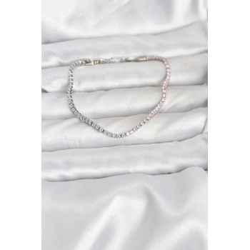 Pembe ve Beyaz Zirkon Taşlı Gümüş Renk Su Yolu Kadın Bileklik