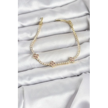Pembe Yonca Detaylı Zirkon Taşlı Gold Renk Pirinç Su Yolu Kadın Bileklik