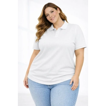 Pike Kumaş Düğmeli Yaka Battal Büyük Beden Günlük Kısa Kol Tişört T-shirt - Beyaz