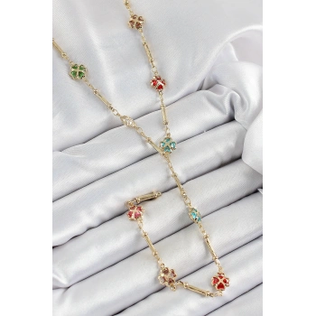 Pirinç Asorti Kalpli Yonca Model Gold Renk Zirkon Taşlı Y Kolye