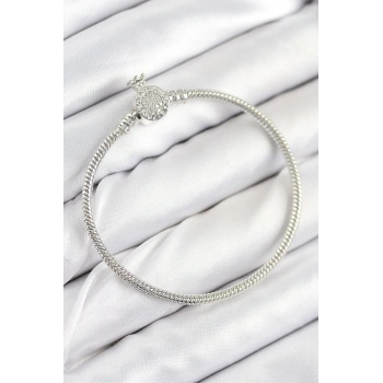 Pirinç Charm Zirkon Taşlı Taç Model Gümüş Renk Kadın Bileklik