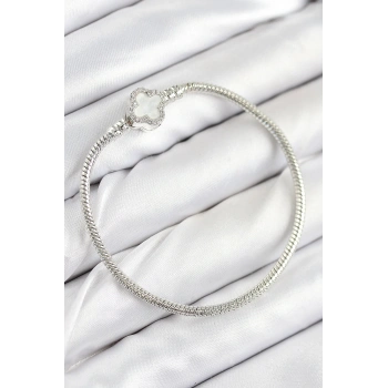 Pirinç Charm Zirkon Taşlı Yonca Model Gümüş Renk Kadın Bileklik