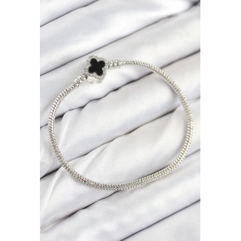 Pirinç Charm Zirkon Taşlı Yonca Model Gümüş Renk Kadın Bileklik