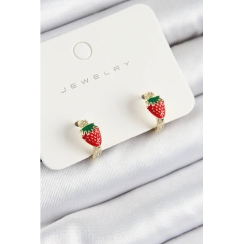 Pirinç Çilek Model Gold Renk Çocuk Küpe