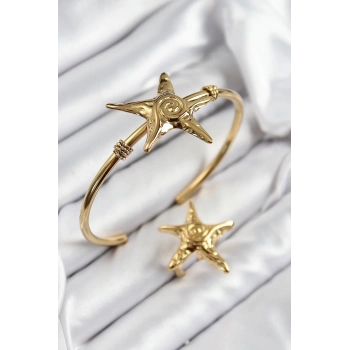 Pirinç Deniz Yıldızı Model Gold Renk Bileklik Yüzük Set